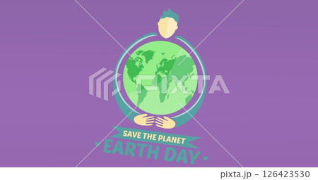 Image of man embracing globe and earth day text over purple background 126423530