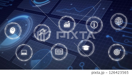 Image of icons over data processing on black background Image of icons over data processing on black background 126423565