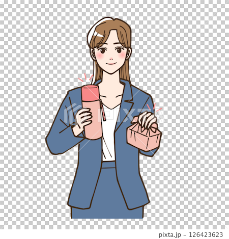 一位年輕辦公室女士拿著動漫風格的午餐盒上班的插圖 126423623