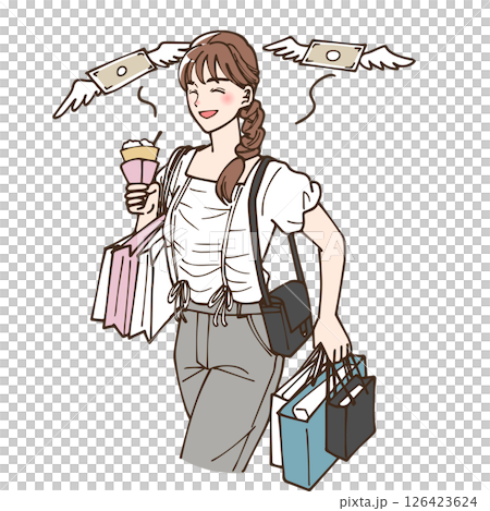 動漫風格的插圖，描繪了一個女人花錢 126423624