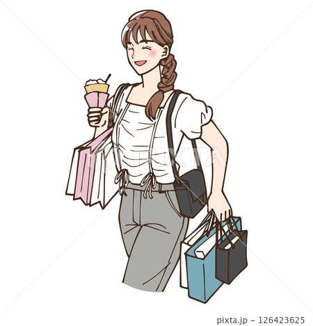 アニメ風の買い物を楽しんでいる女性のイラスト 126423625