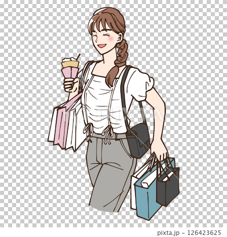 アニメ風の買い物を楽しんでいる女性のイラスト 126423625