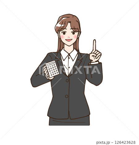 アニメ風の手に電卓を持っているビジネスマンの女性のイラスト 126423628