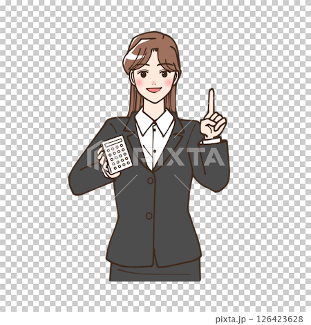 アニメ風の手に電卓を持っているビジネスマンの女性のイラスト 126423628