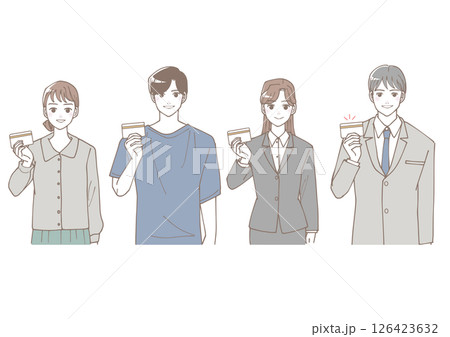 優しい色合いの手にカードを持っているカジュアルな服装の若者とビジネスマンのイラストセット 優しい色合いの手にカードを持っているカジュアルな服装の若者とビジネスマンのイラストセット 126423632