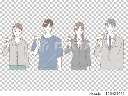 插圖組為身著休閒服飾的年輕人和商人,手裡拿著色彩柔和的卡片 插圖組為身著休閒服飾的年輕人和商人,手裡拿著色彩柔和的卡片 126423632