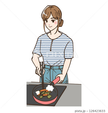 アニメ風の自炊をしている若い女性のイラストセット 126423633