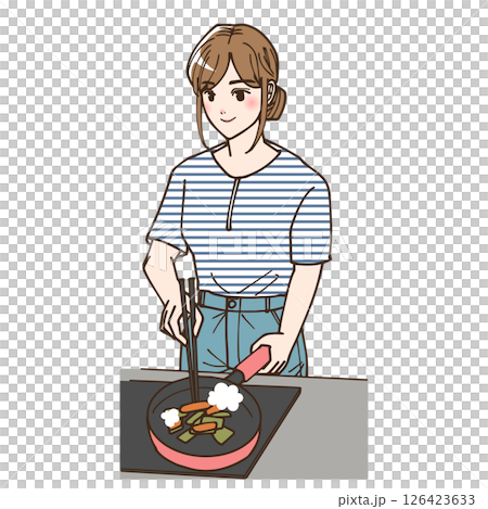 アニメ風の自炊をしている若い女性のイラストセット 126423633