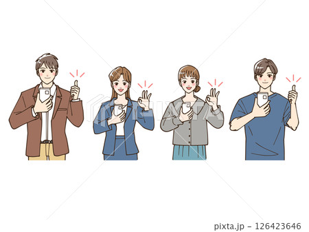 アニメ風のスマホを持ってグッドサインをしている人物のセット 126423646