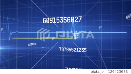 Image of data processing over heartbeat monitor and grids on blue background Image of data processing over heartbeat monitor and grids on blue background 126423688