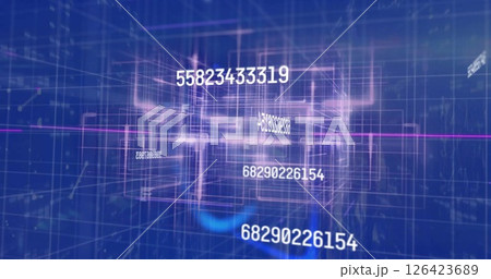 Image of data processing over glowing grids on blue background Image of data processing over glowing grids on blue background 126423689