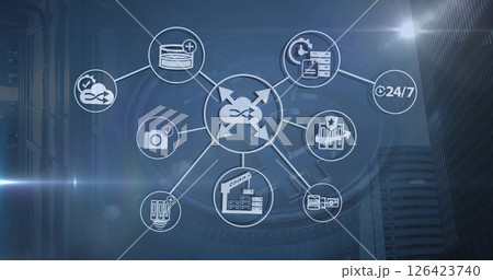 Image of network of connections with icons over computer servers Image of network of connections with icons over computer servers 126423740