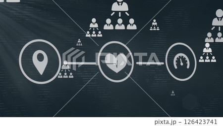 Image of network of connections with icons over dark background Image of network of connections with icons over dark background 126423741