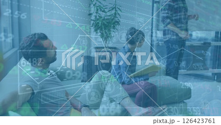 Image of financial data processing over diverse business people in office Image of financial data processing over diverse business people in office 126423761