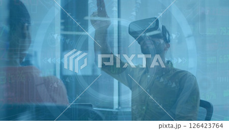 Image of financial data processing over biracial businessman in vt headset in office Image of financial data processing over biracial businessman in vt headset in office 126423764