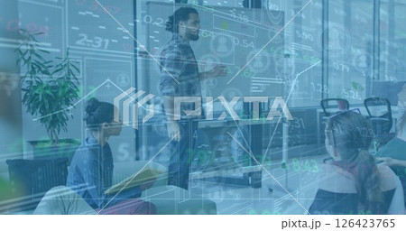 Image of financial data processing over diverse business people in office Image of financial data processing over diverse business people in office 126423765