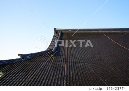 青空を背景にした大きな瓦屋根のクローズアップ 青空を背景にした大きな瓦屋根のクローズアップ 126423774