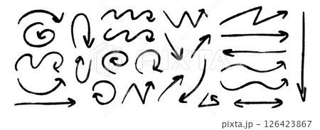 Hand drawn crayon arrow collection. Black curve, zig zag and straight doodle arrows set. Grunge charcoal sketch pointers or direction lines. Vector pastel pencil, chalk or marker brush stroke elements 126423867