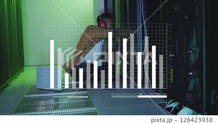 Image of data processing and diagrams over african american male worker in server room 126423938