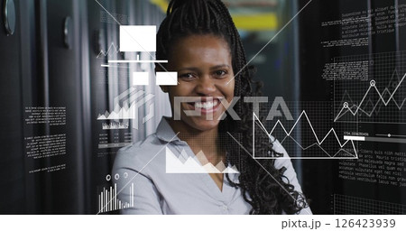 Image of data processing and diagrams over african american female worker in server room 126423939