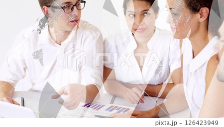 Image of financial data processing over diverse colleagues having meeting in office 126423949