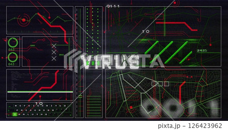 Image of virus text over network and processing data on black background Image of virus text over network and processing data on black background 126423962