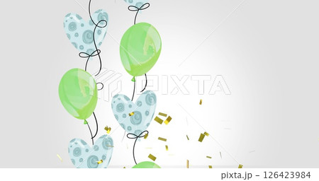Image of gold confetti falling over green and blue patterned party balloons on grey background Image of gold confetti falling over green and blue patterned party balloons on grey background 126423984