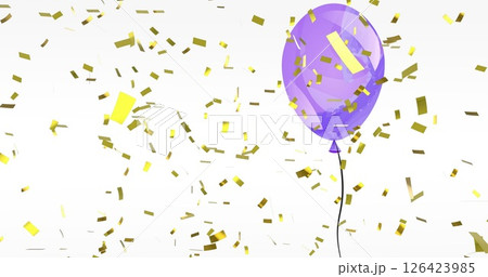 Image of gold confetti falling over purple party balloon on white background 126423985