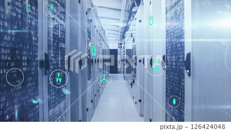 Image of ecology and energy icons rotating over flashing lights on servers in server room 126424048
