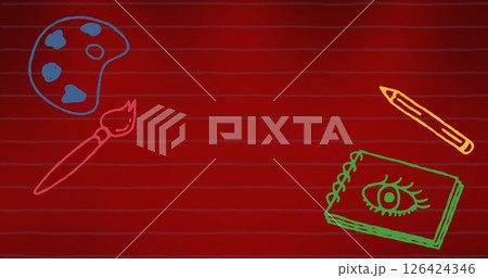 Image of school icons with copy space over red background Image of school icons with copy space over red background 126424346