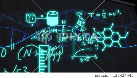 Image of dna strand and scientific data processing over black background 126424443