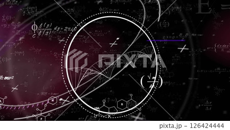 Image of dna strand and scientific data processing over black background 126424444
