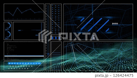 Image of digital data processing over glowing spots on black background 126424475