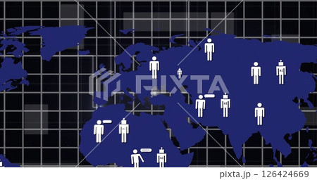 Image of digital data processing and connections with ai chatbot icons over world map Image of digital data processing and connections with ai chatbot icons over world map 126424669