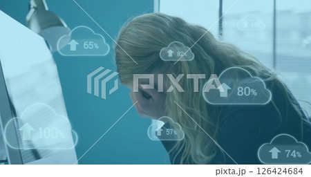 Image of digital clouds with percent growing over tired caucasian businesswoman Image of digital clouds with percent growing over tired caucasian businesswoman 126424684