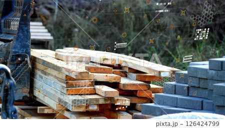 Image of data processing over wood and bricks building materials Image of data processing over wood and bricks building materials 126424799