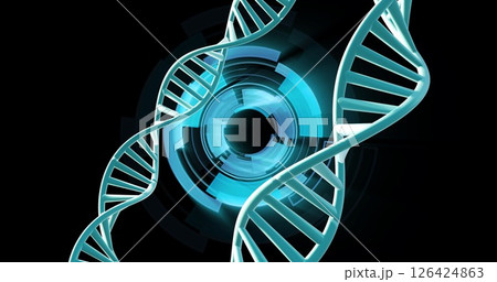DNA strands and digital circles, scientific data processing image DNA strands and digital circles, scientific data processing image 126424863