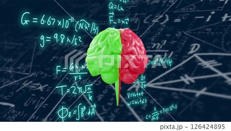 Brain model with mathematical equations image over dark background 126424895