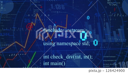 Financial data and binary code image over stock market graphs and charts 126424900
