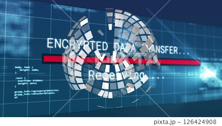 Encrypted data transfer image over rotating globe and digital grid 126424908