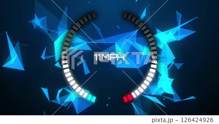 Speedometer image showing 90 MPH over blue geometric shapes 126424926
