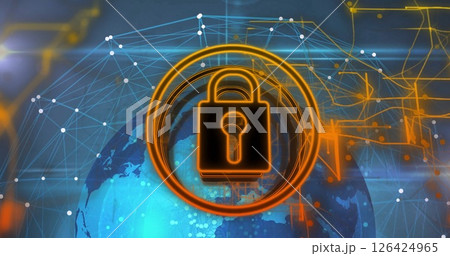Lock and key security image over digital network and globe Lock and key security image over digital network and globe 126424965