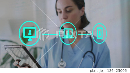 Medical professional using tablet with healthcare technology image overlaid Medical professional using tablet with healthcare technology image overlaid 126425006