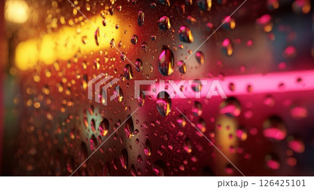 Rain Drops on Window at Night with City Lights Rain Drops on Window at Night with City Lights 126425101