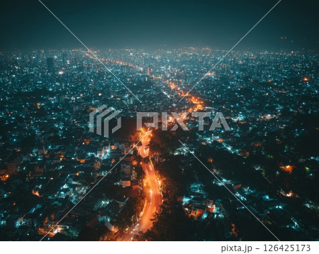 Aerial Night View of City with Orange and Blue Lights 126425173