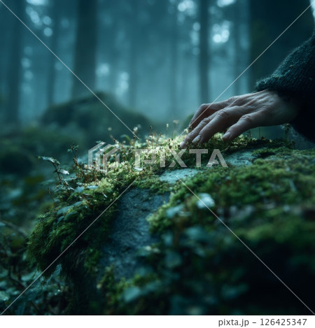 Hand Touching Dewy Moss on a Forest Rock 126425347