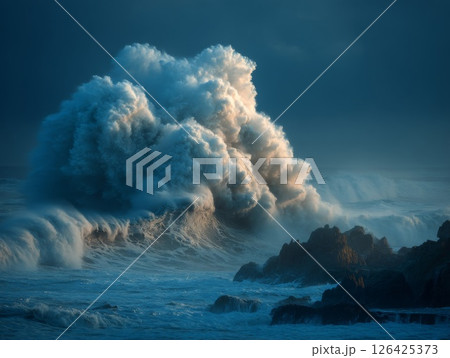 Dramatic Ocean Wave Crashing Against Rocks 126425373