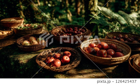 Red Apples and Berries in Wicker Baskets on Mossy Surface 126425437