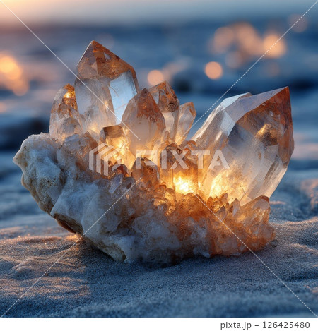 Glowing Quartz Crystals on Sandy Beach at Sunset 126425480