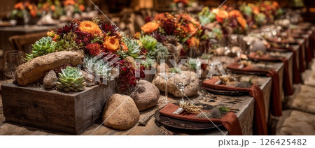 Rustic Autumn Wedding Table Setting with Succulents Rustic Autumn Wedding Table Setting with Succulents 126425482